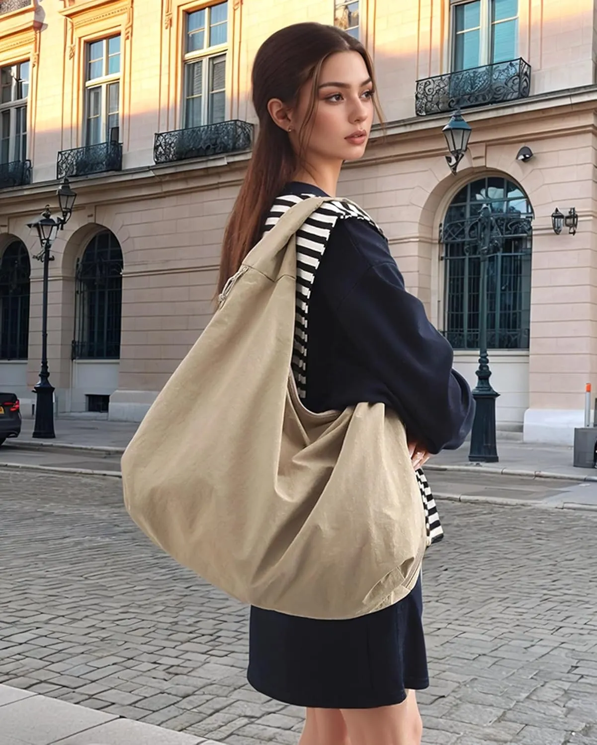Micmores Tote Bag Slouchy Hobo Bag for Women Nylon Handbag Solid Color Draped Shoulder Bag Large Underarm Purse