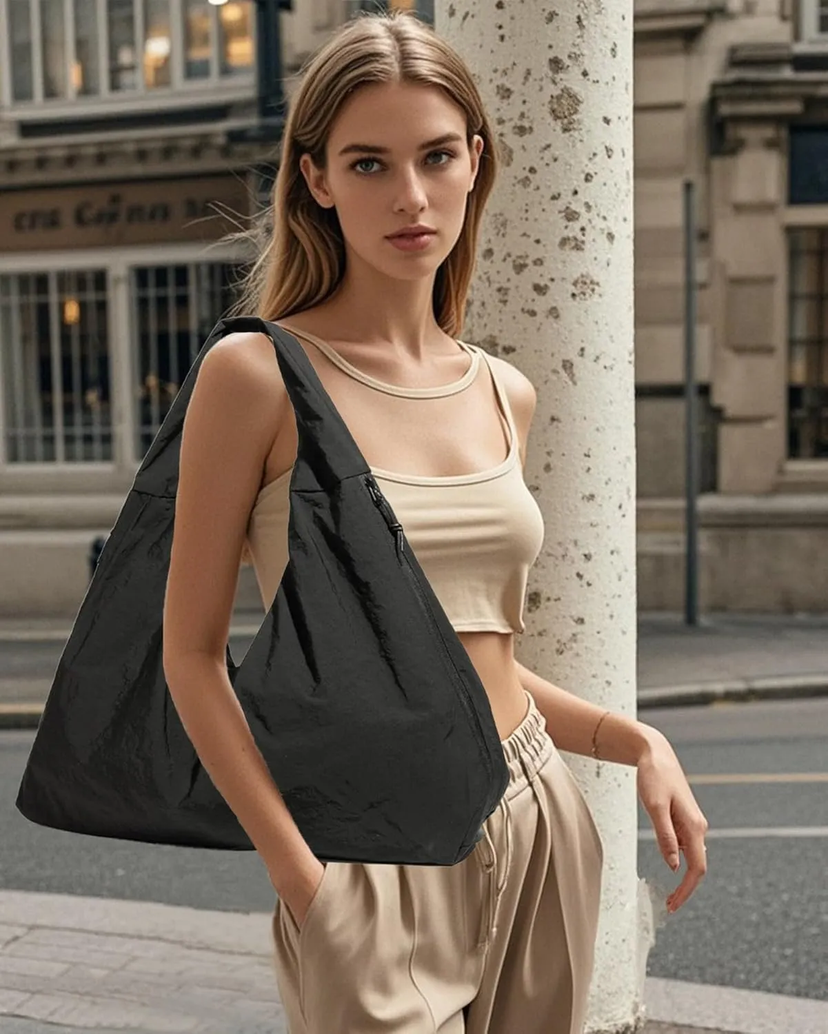 Micmores Tote Bag Slouchy Hobo Bag for Women Nylon Handbag Solid Color Draped Shoulder Bag Large Underarm Purse