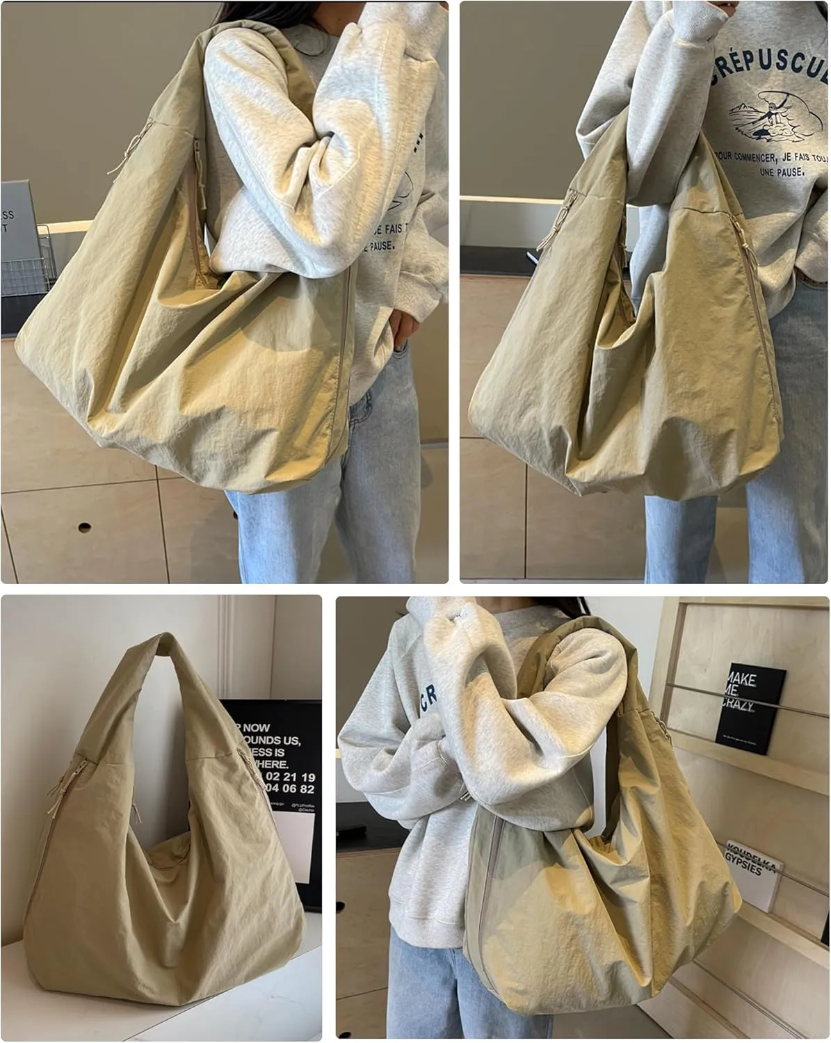 Micmores Tote Bag Slouchy Hobo Bag for Women Nylon Handbag Solid Color Draped Shoulder Bag Large Underarm Purse