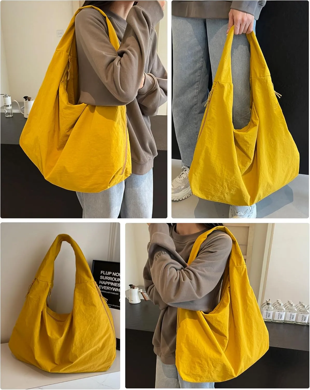 Micmores Tote Bag Slouchy Hobo Bag for Women Nylon Handbag Solid Color Draped Shoulder Bag Large Underarm Purse