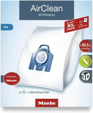 Miele Original Allergy Pack for Miele Complete C2/C3, Classic C1, and S8/S5 Models, Includes 8 AirClean 3D Efficiency GN Vacuum Cleaner Bags and 1 SF-HA 50 HEPA AirClean Filter – 11214190