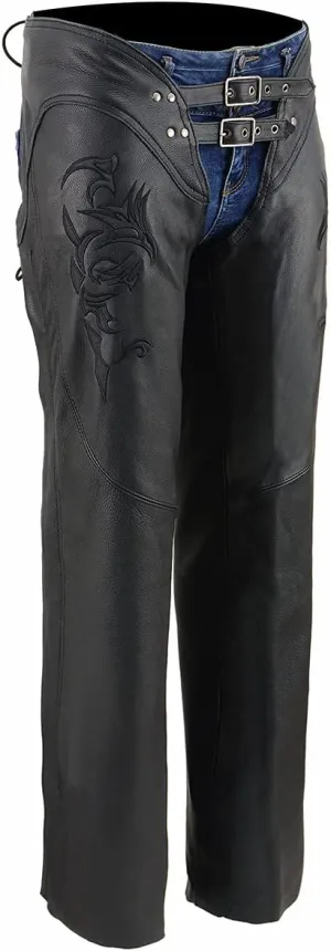 Milwaukee Leather Chaps for Women Black Low-Rise Waist- Double Buckle Reflective Embroidery Motorcycle Chap- ML1187