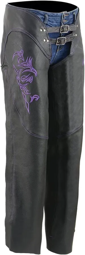 Milwaukee Leather Chaps for Women Black Low-Rise Waist- Double Buckle Reflective Embroidery Motorcycle Chap- ML1187