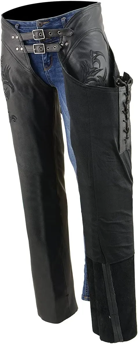 Milwaukee Leather Chaps for Women Black Low-Rise Waist- Double Buckle Reflective Embroidery Motorcycle Chap- ML1187