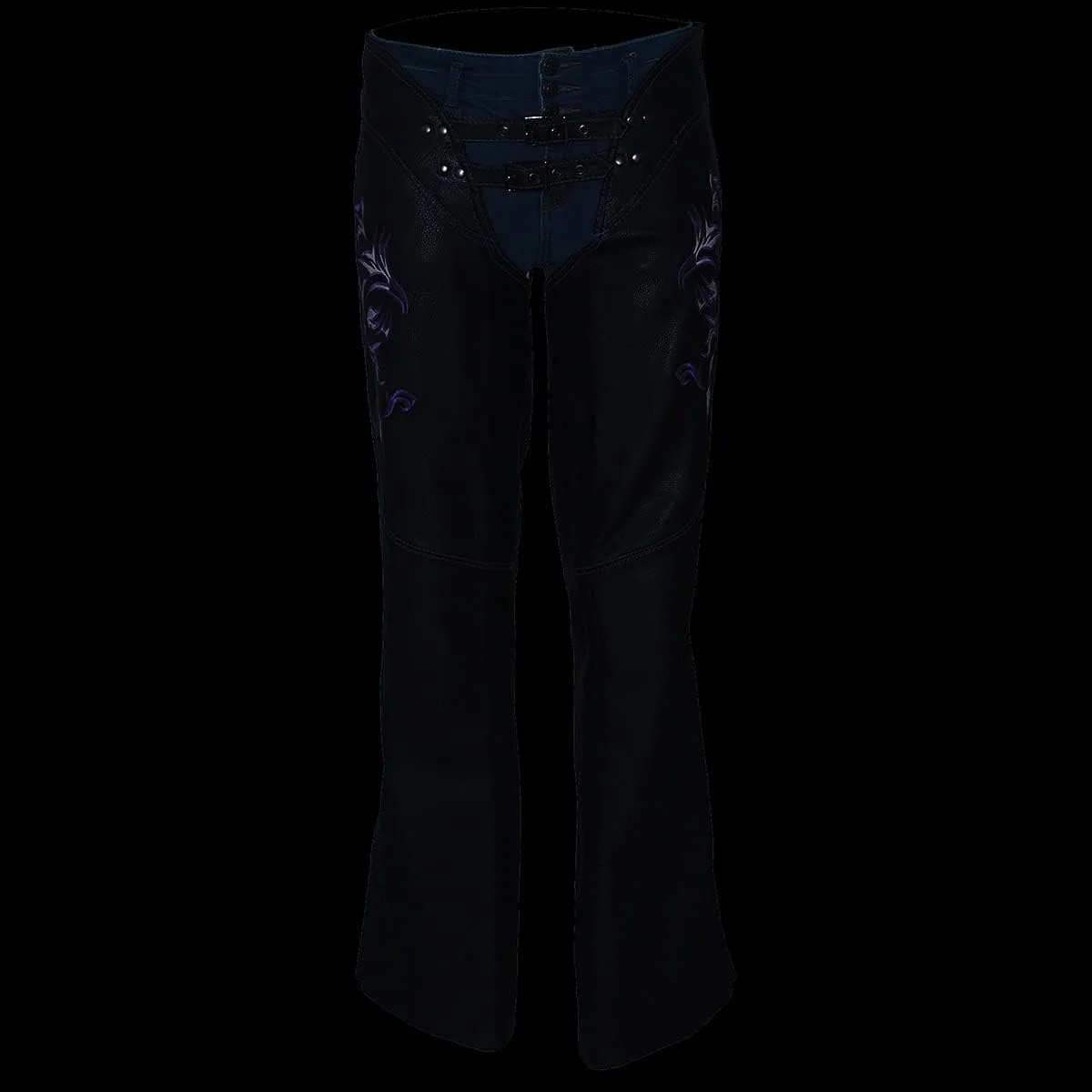 Milwaukee Leather Chaps for Women Black Low-Rise Waist- Double Buckle Reflective Embroidery Motorcycle Chap- ML1187