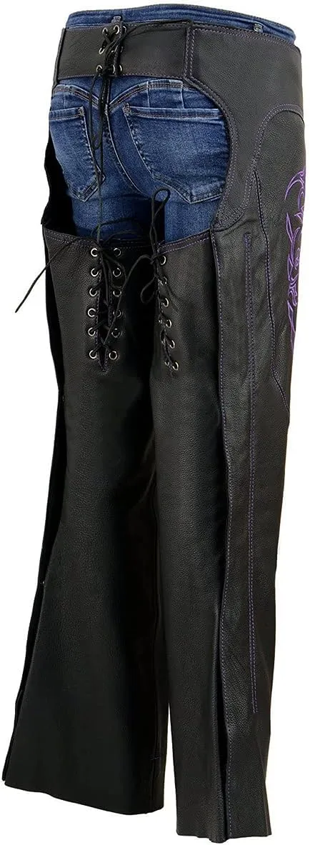 Milwaukee Leather Chaps for Women Black Low-Rise Waist- Double Buckle Reflective Embroidery Motorcycle Chap- ML1187