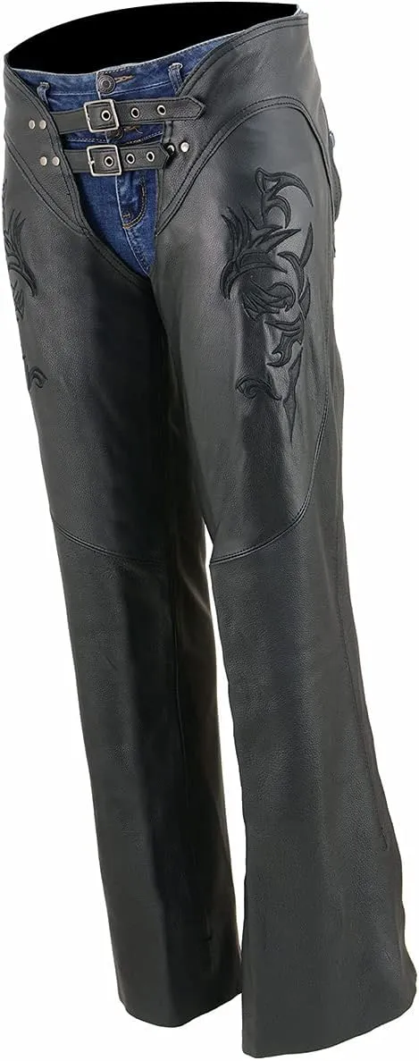 Milwaukee Leather Chaps for Women Black Low-Rise Waist- Double Buckle Reflective Embroidery Motorcycle Chap- ML1187