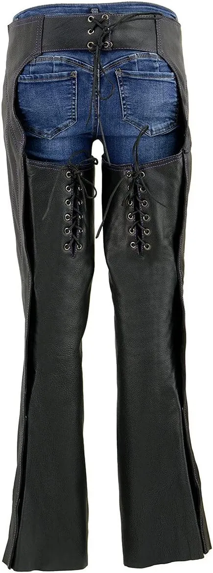 Milwaukee Leather Chaps for Women Black Low-Rise Waist- Double Buckle Reflective Embroidery Motorcycle Chap- ML1187