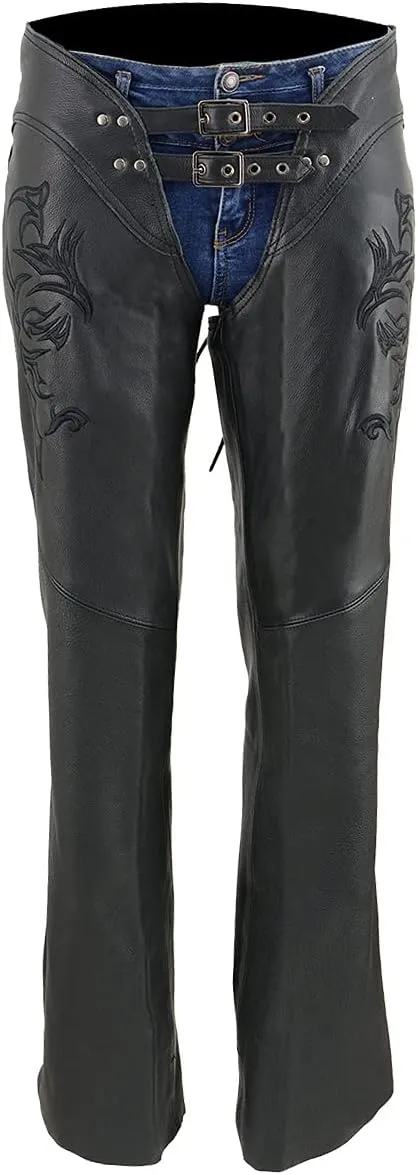 Milwaukee Leather Chaps for Women Black Low-Rise Waist- Double Buckle Reflective Embroidery Motorcycle Chap- ML1187
