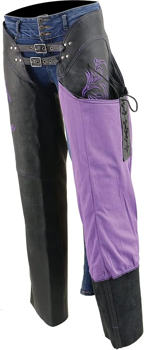 Milwaukee Leather Chaps for Women Black Low-Rise Waist- Double Buckle Reflective Embroidery Motorcycle Chap- ML1187