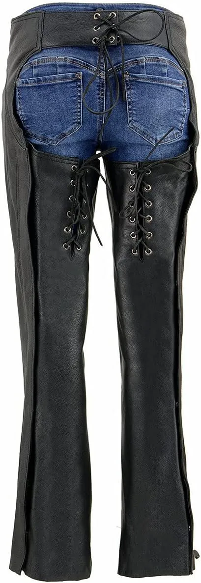 Milwaukee Leather Chaps for Women Black Low-Rise Waist- Double Buckle Reflective Embroidery Motorcycle Chap- ML1187