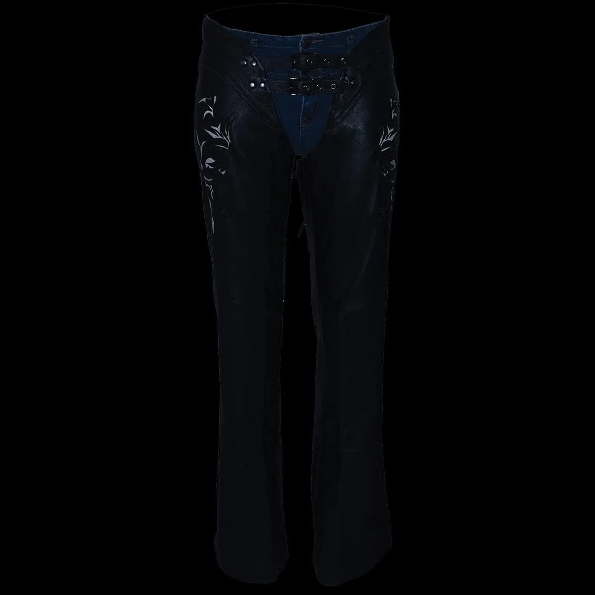 Milwaukee Leather Chaps for Women Black Low-Rise Waist- Double Buckle Reflective Embroidery Motorcycle Chap- ML1187
