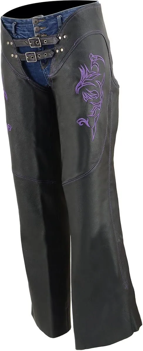 Milwaukee Leather Chaps for Women Black Low-Rise Waist- Double Buckle Reflective Embroidery Motorcycle Chap- ML1187