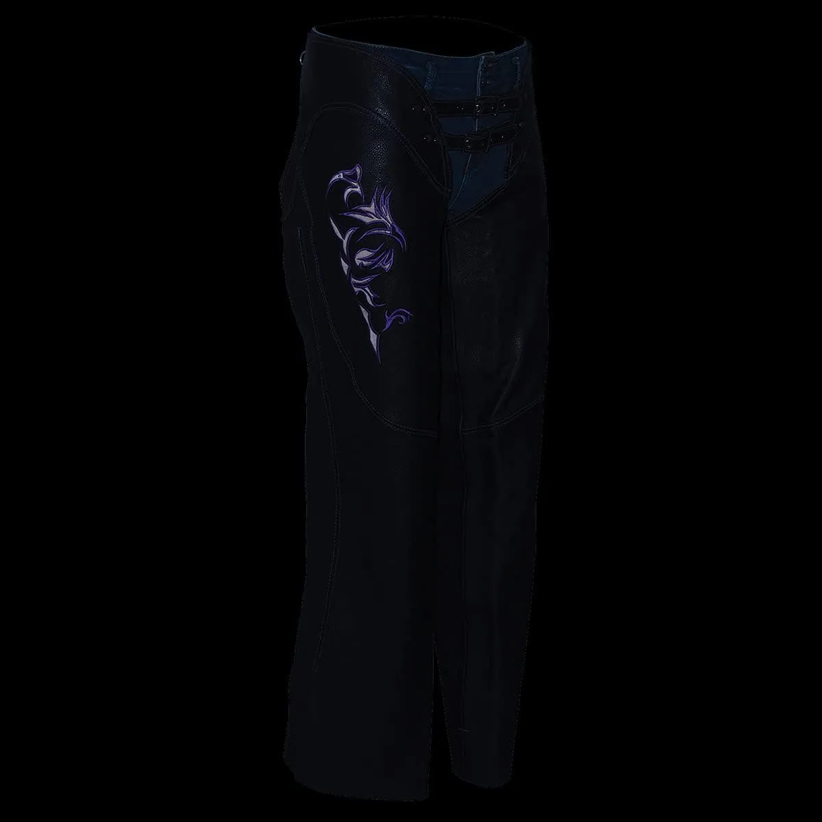 Milwaukee Leather Chaps for Women Black Low-Rise Waist- Double Buckle Reflective Embroidery Motorcycle Chap- ML1187