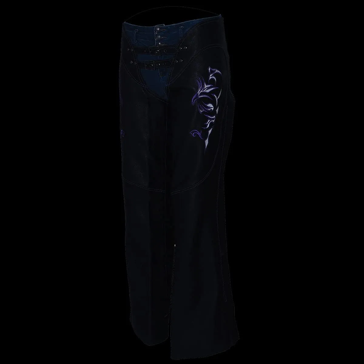 Milwaukee Leather Chaps for Women Black Low-Rise Waist- Double Buckle Reflective Embroidery Motorcycle Chap- ML1187