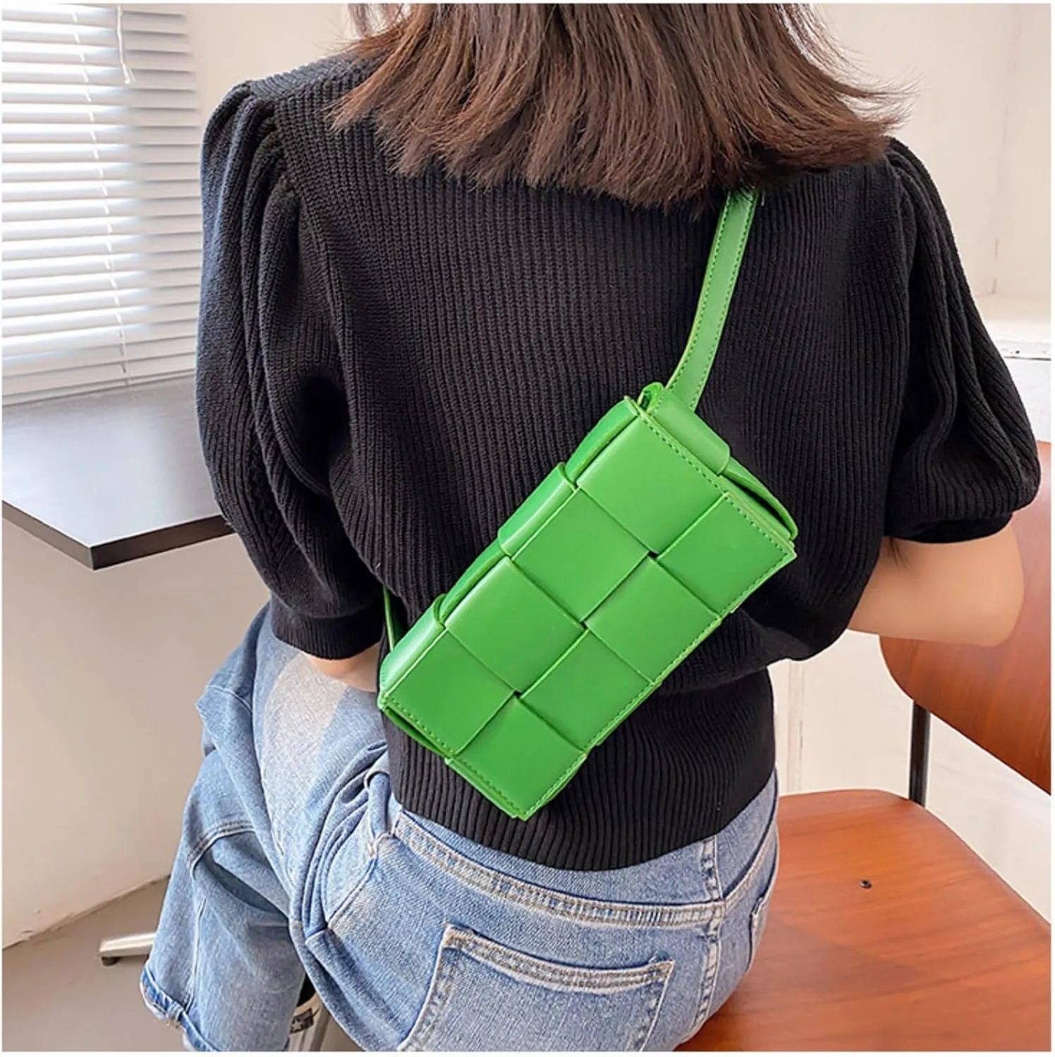 Mini Woven Crossbody Bag for Women, Square Shoulder Handbag Leather Clutch Purse Cute Fanny Packs with Adjustable Belt