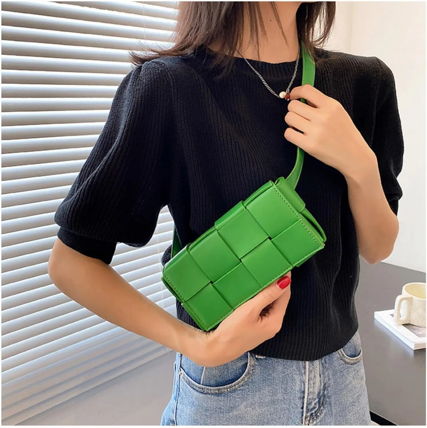 Mini Woven Crossbody Bag for Women, Square Shoulder Handbag Leather Clutch Purse Cute Fanny Packs with Adjustable Belt
