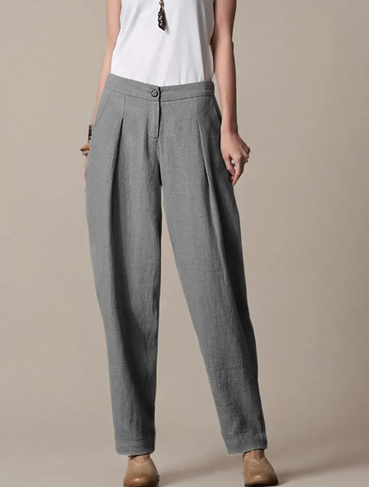 Minibee Women's Casual Linen Pants Elastic Waist Tapered Pants Trousers with Pockets