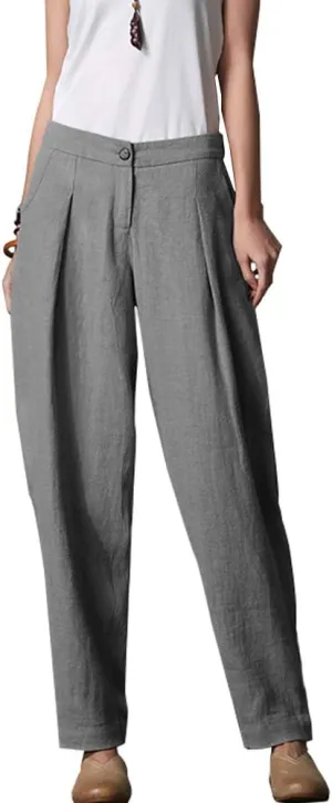 Minibee Women's Casual Linen Pants Elastic Waist Tapered Pants Trousers with Pockets