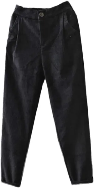 Minibee Women's Cropped Corduroy Pants Elastic Waist Retro Trouser with Pockets