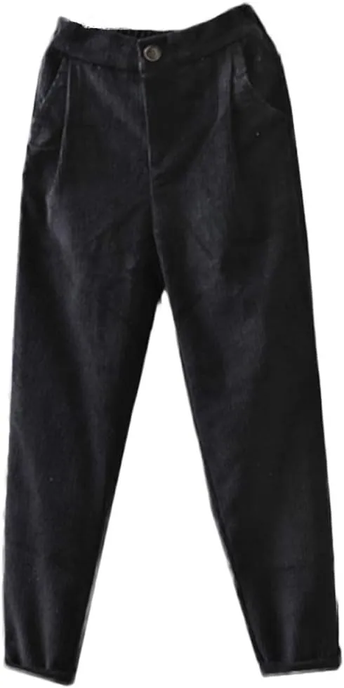 Minibee Women's Cropped Corduroy Pants Elastic Waist Retro Trouser with Pockets