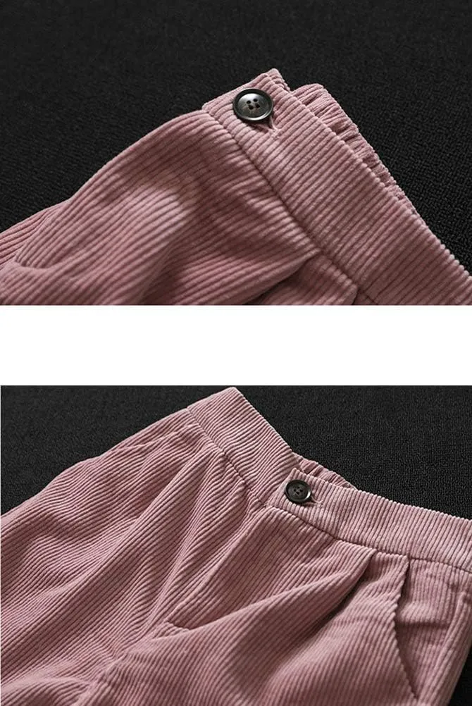 Minibee Women's Cropped Corduroy Pants Elastic Waist Retro Trouser with Pockets