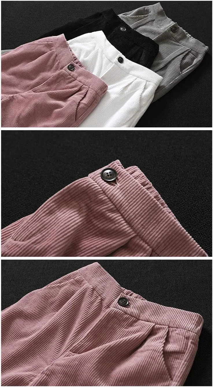 Minibee Women's Cropped Corduroy Pants Elastic Waist Retro Trouser with Pockets