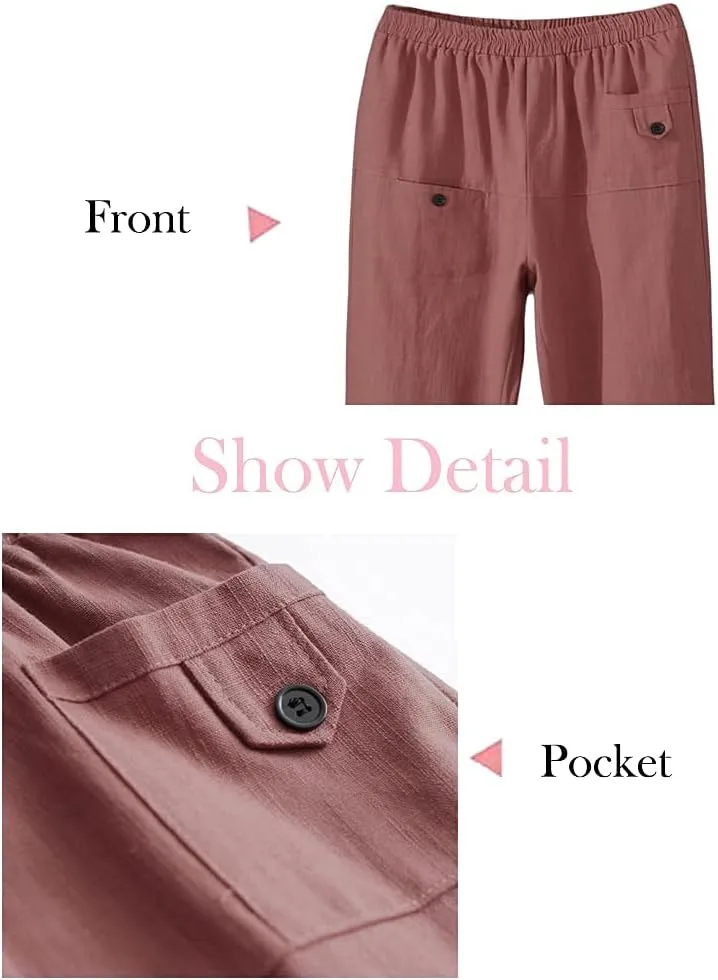 Minibee Women's Elastic Waist Casual Crop Linen Pull On Pants