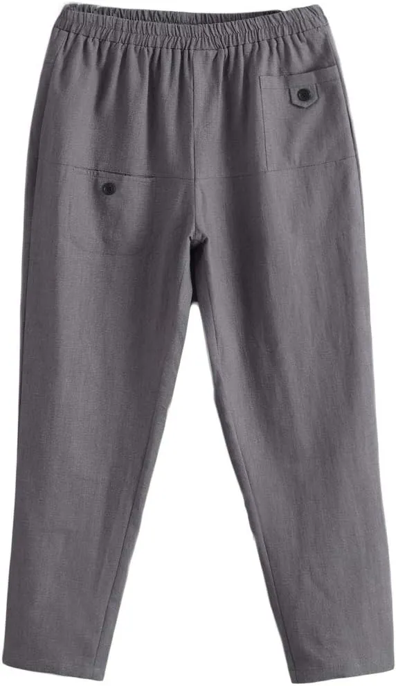 Minibee Women's Elastic Waist Casual Crop Linen Pull On Pants
