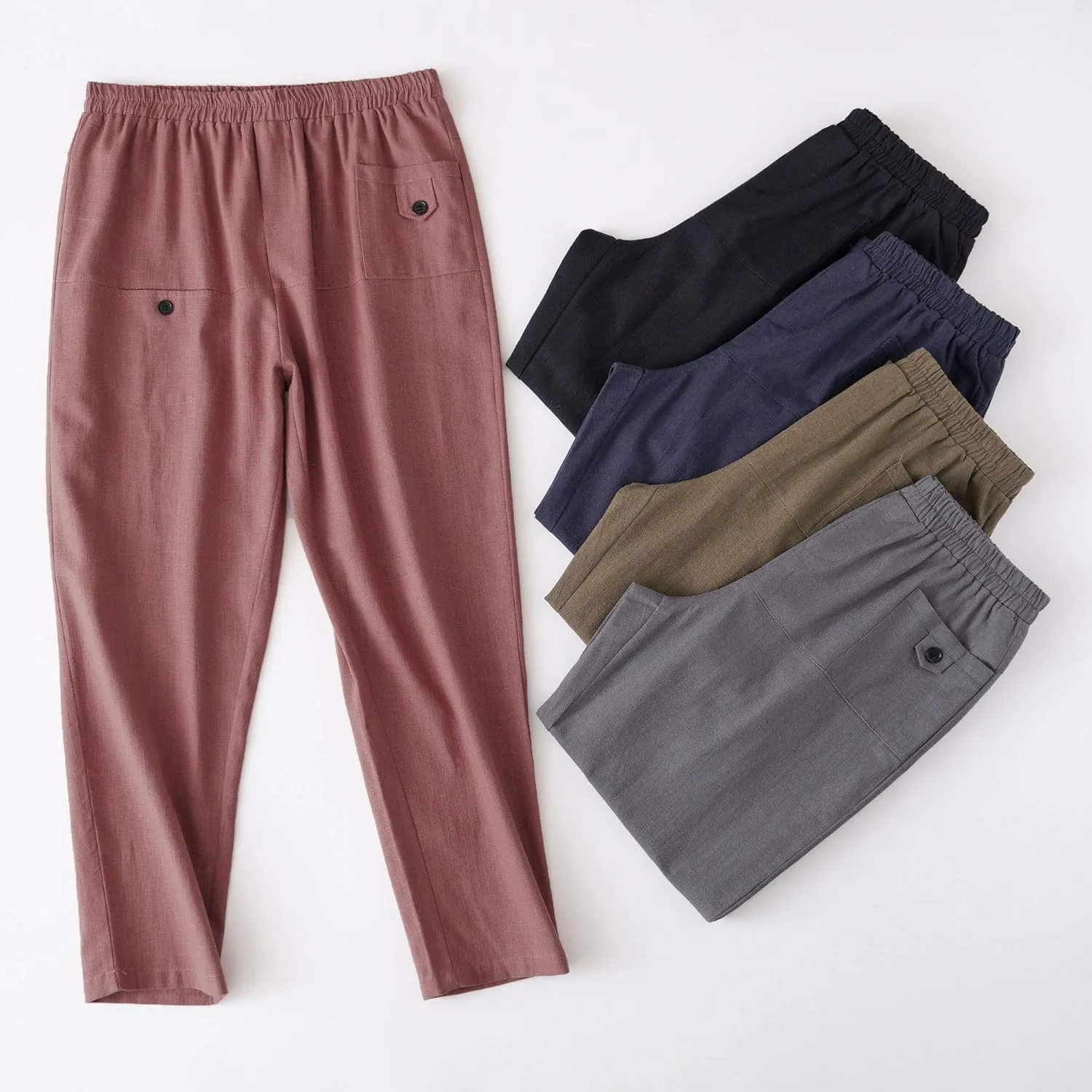 Minibee Women's Elastic Waist Casual Crop Linen Pull On Pants