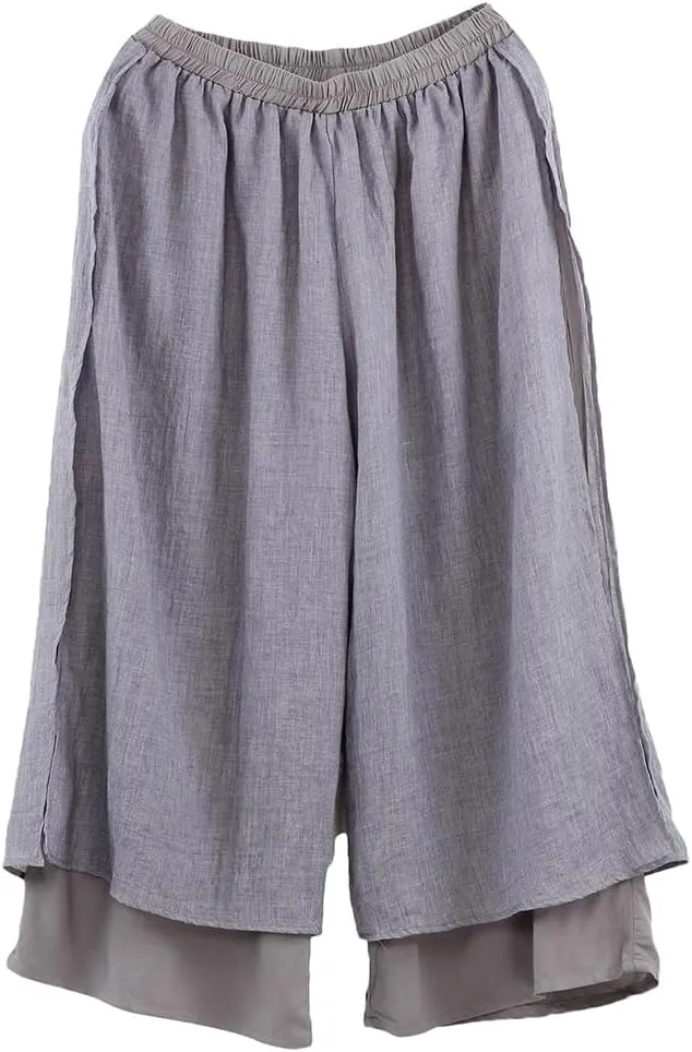 Minibee Women's Wide Leg Pants Loose Layer Capris Palazzo Elastic Waist Trousers