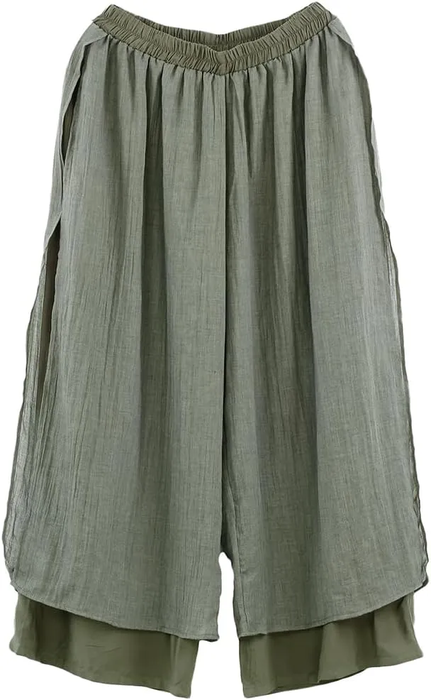 Minibee Women's Wide Leg Pants Loose Layer Capris Palazzo Elastic Waist Trousers