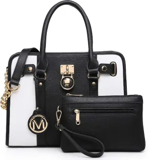 MKP Women Satchel Handbags Purses Two tone Top Handle Tote Shoulder Bags with Matching Wristlet Wallet Set 2pcs