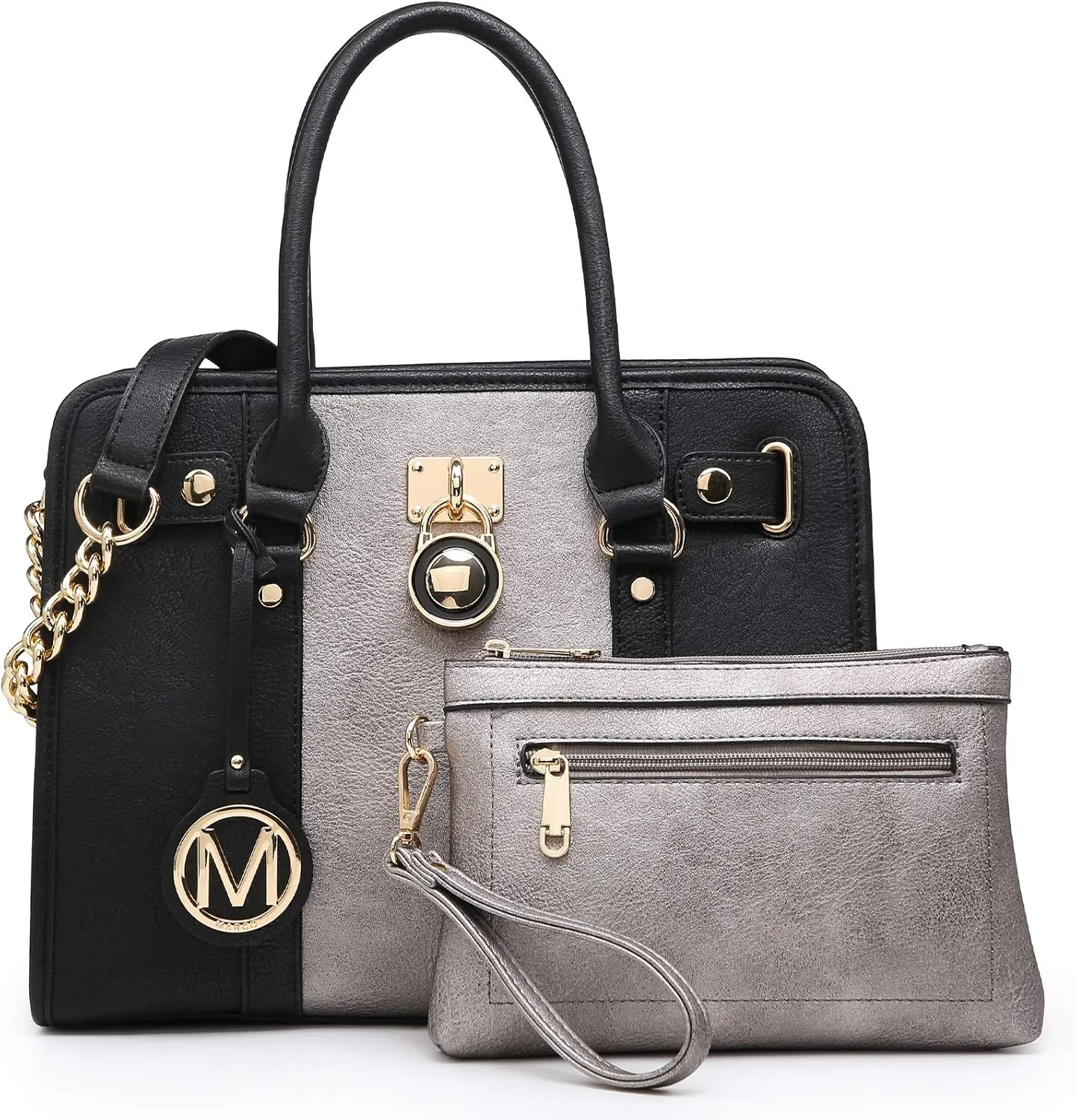 MKP Women Satchel Handbags Purses Two tone Top Handle Tote Shoulder Bags with Matching Wristlet Wallet Set 2pcs