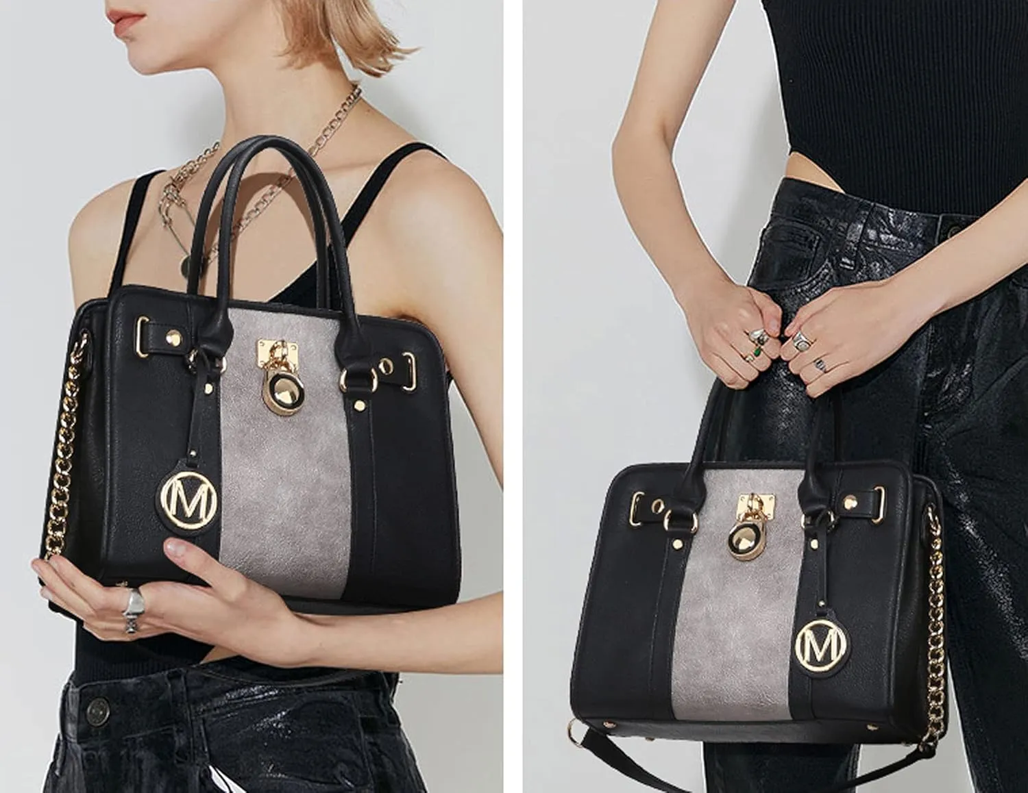 MKP Women Satchel Handbags Purses Two tone Top Handle Tote Shoulder Bags with Matching Wristlet Wallet Set 2pcs