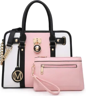 MKP Women Satchel Handbags Purses Two tone Top Handle Tote Shoulder Bags with Matching Wristlet Wallet Set 2pcs