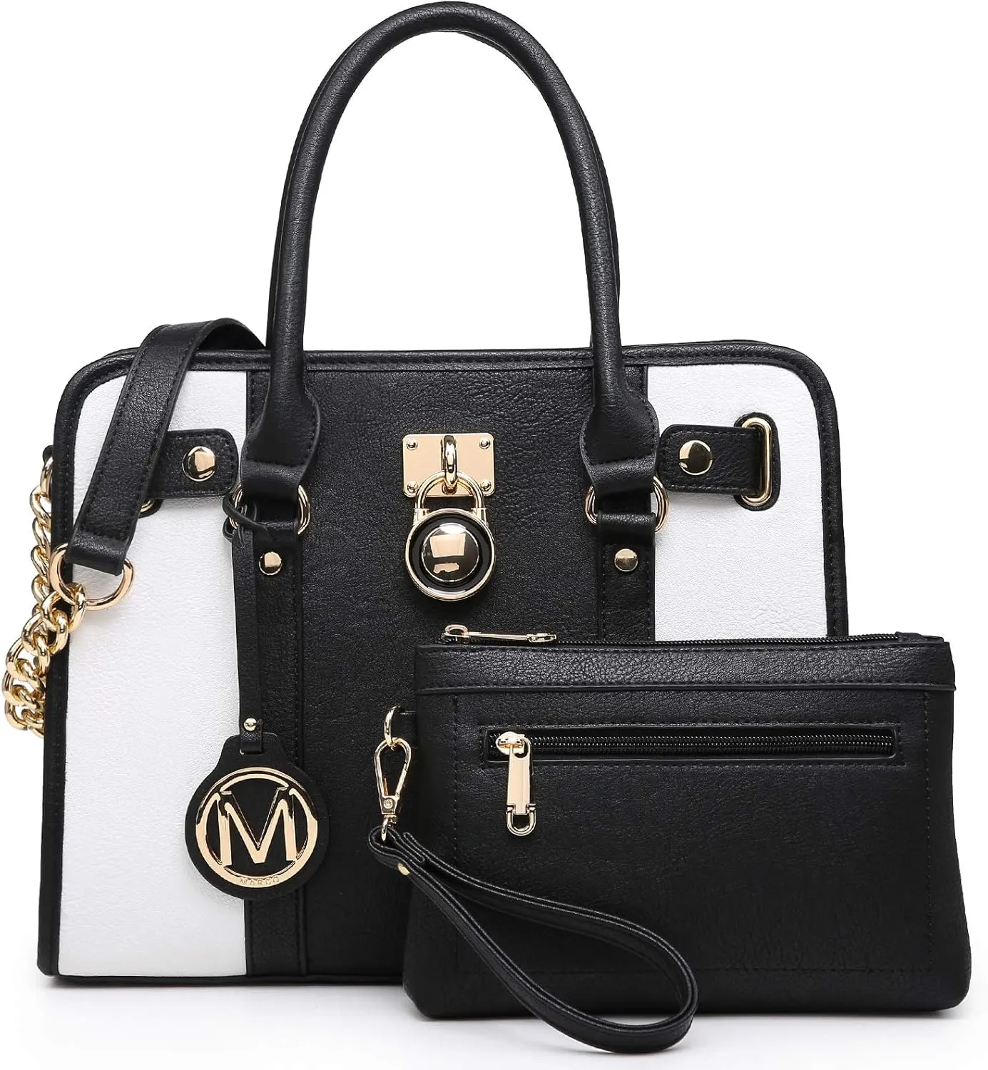 MKP Women Satchel Handbags Purses Two tone Top Handle Tote Shoulder Bags with Matching Wristlet Wallet Set 2pcs