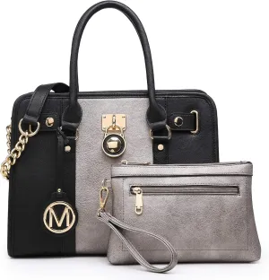 MKP Women Satchel Handbags Purses Two tone Top Handle Tote Shoulder Bags with Matching Wristlet Wallet Set 2pcs