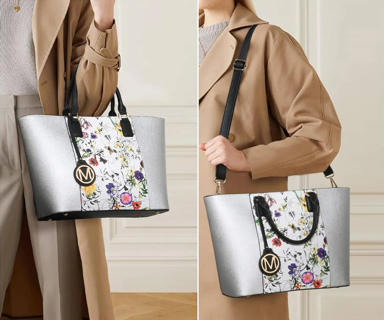 MKP Women Two Tone Large Tote Bags Top Handle Satchel Handbags Purses Set 2pcs