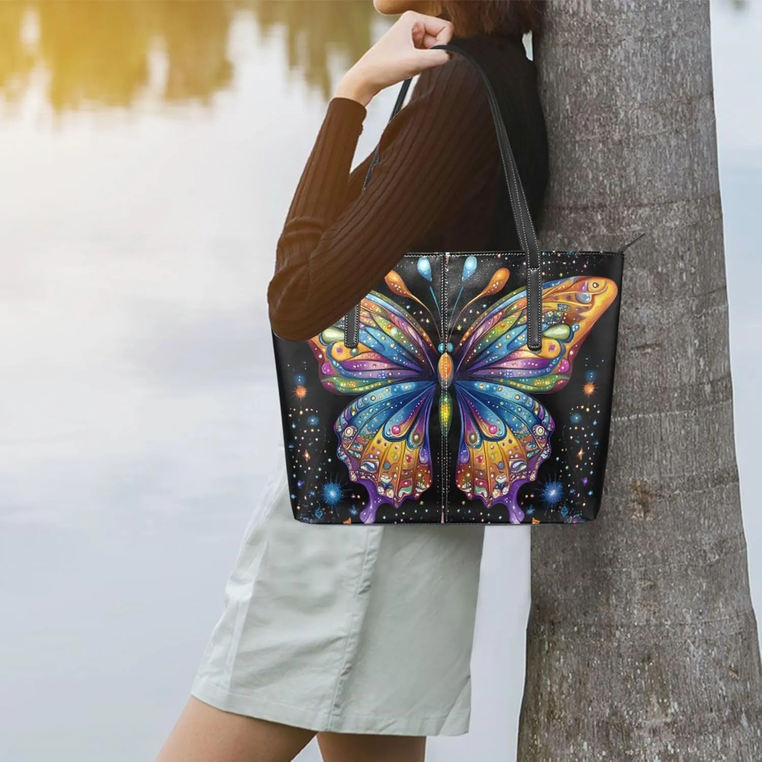 MNSRUU Boho Tote Bag Butterfly Starlight Travel Women Purses and Handbags
