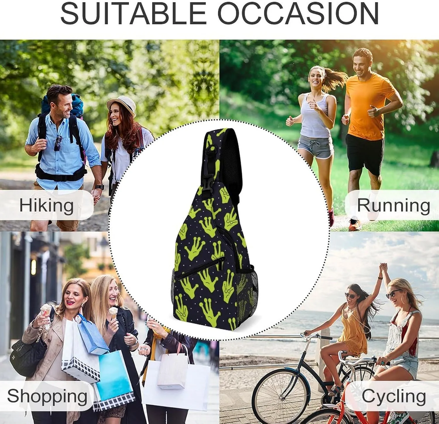 MoBlinko Funny Green Alien Hand Sling Bag Adjustable Crossbody Sling Backpack Women Men Chest Shoulder Daypack Chest Bag