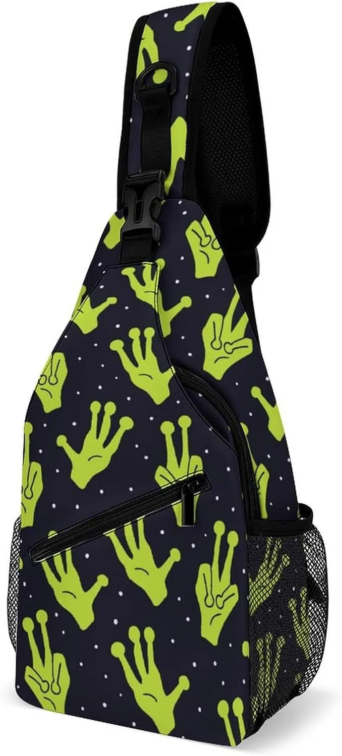 MoBlinko Funny Green Alien Hand Sling Bag Adjustable Crossbody Sling Backpack Women Men Chest Shoulder Daypack Chest Bag