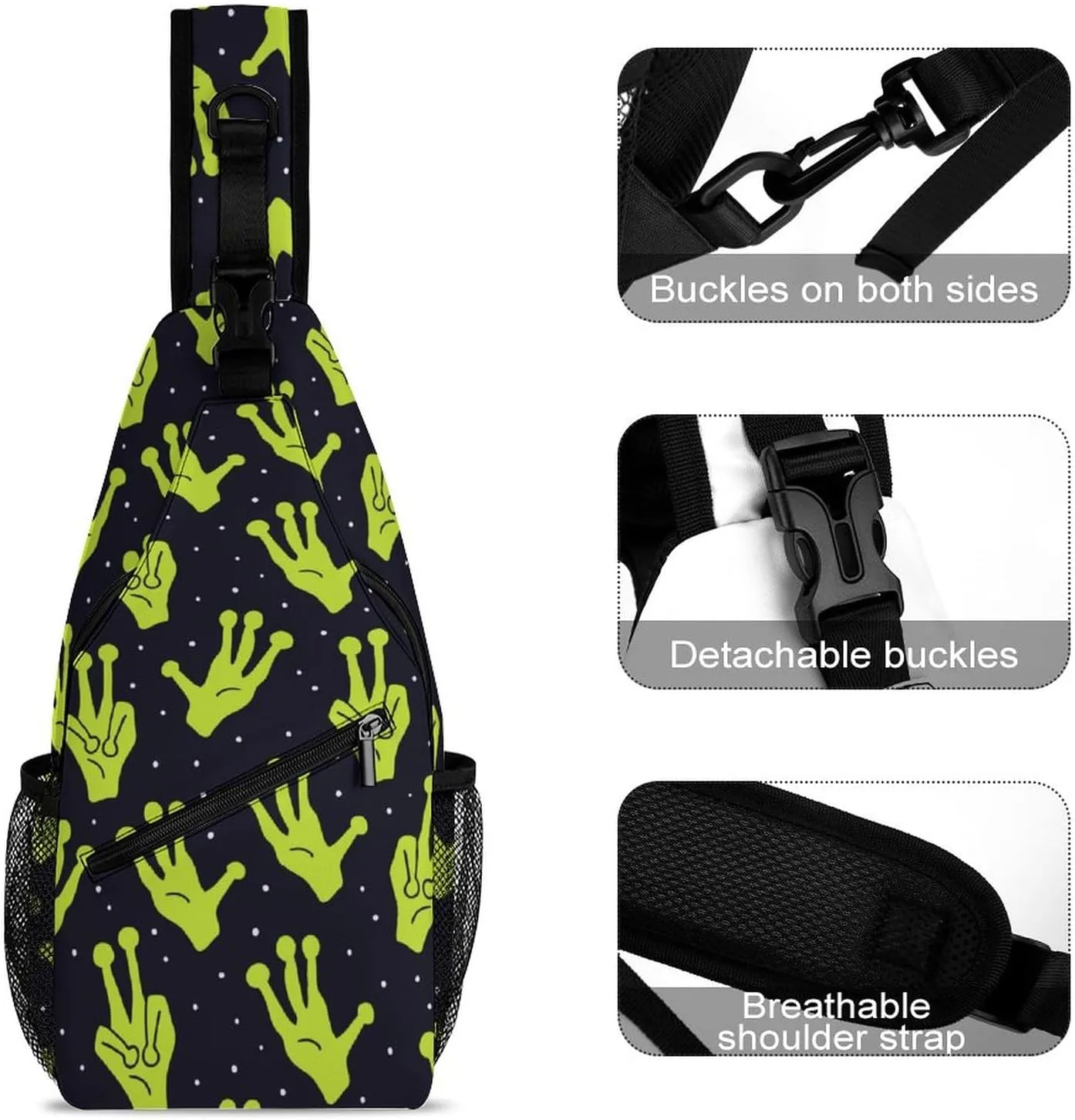 MoBlinko Funny Green Alien Hand Sling Bag Adjustable Crossbody Sling Backpack Women Men Chest Shoulder Daypack Chest Bag