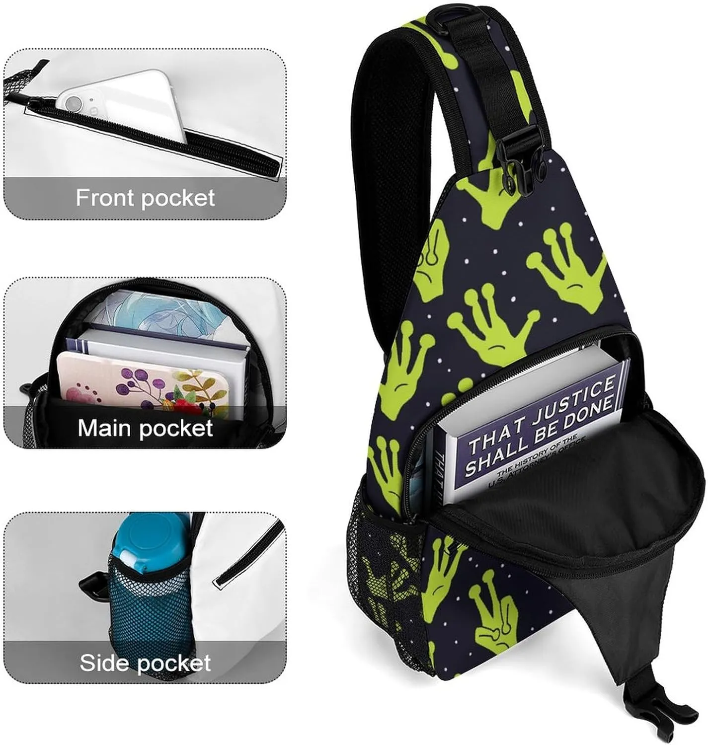MoBlinko Funny Green Alien Hand Sling Bag Adjustable Crossbody Sling Backpack Women Men Chest Shoulder Daypack Chest Bag