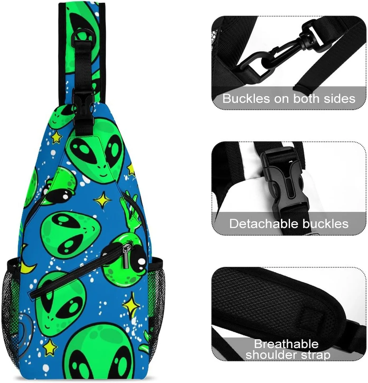 MoBlinko Sling Bag Funny Alien Space Women Men Crossbody Bag Adjustable Sling Backpack Chest Bag for Hiking