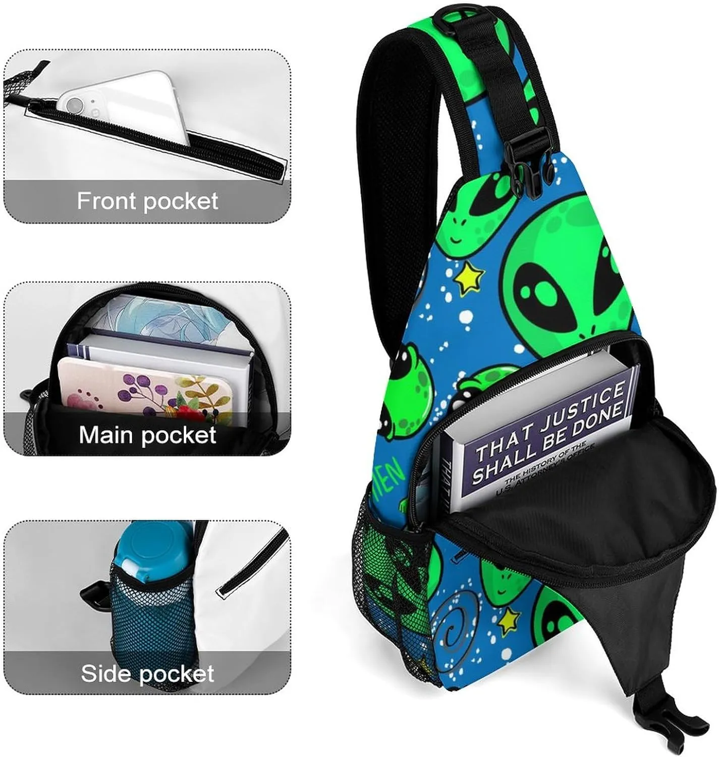 MoBlinko Sling Bag Funny Alien Space Women Men Crossbody Bag Adjustable Sling Backpack Chest Bag for Hiking
