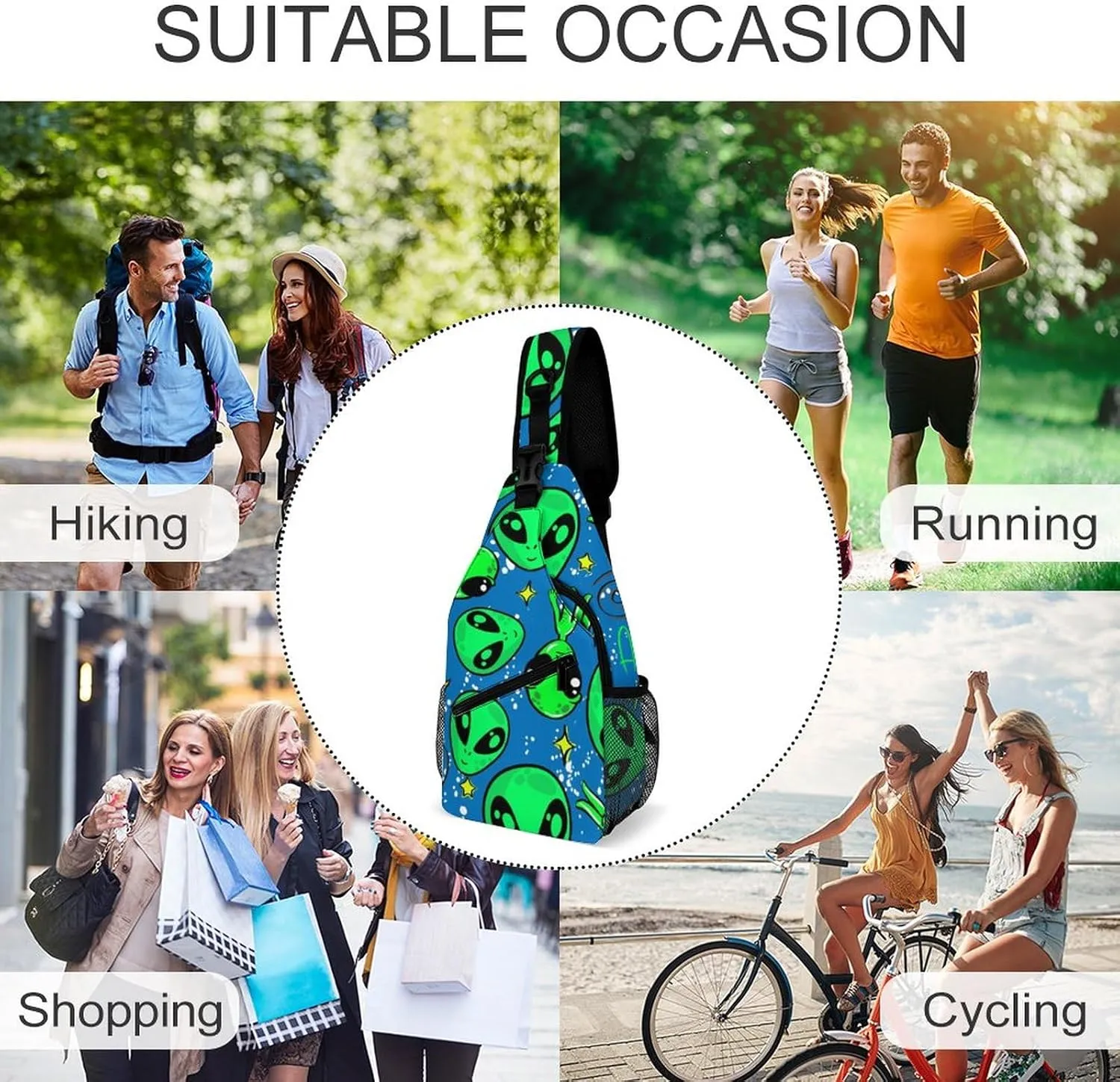 MoBlinko Sling Bag Funny Alien Space Women Men Crossbody Bag Adjustable Sling Backpack Chest Bag for Hiking