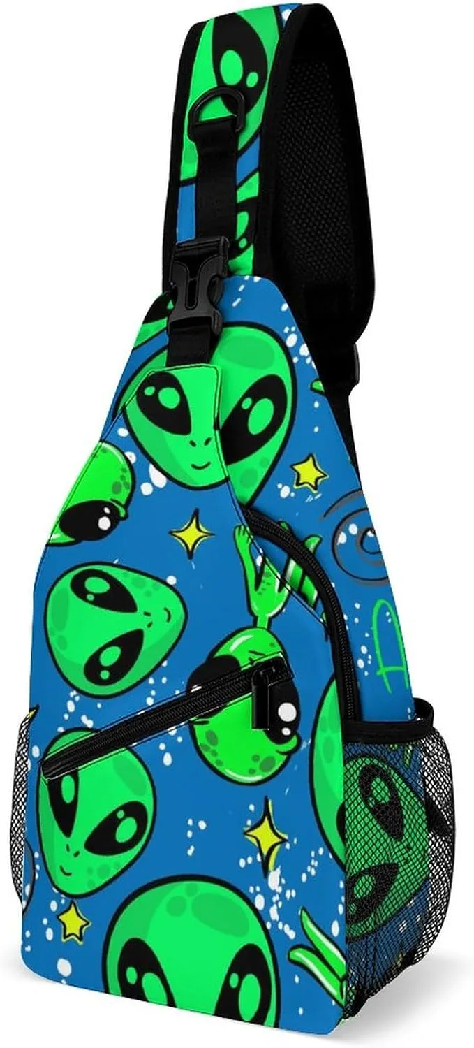 MoBlinko Sling Bag Funny Alien Space Women Men Crossbody Bag Adjustable Sling Backpack Chest Bag for Hiking