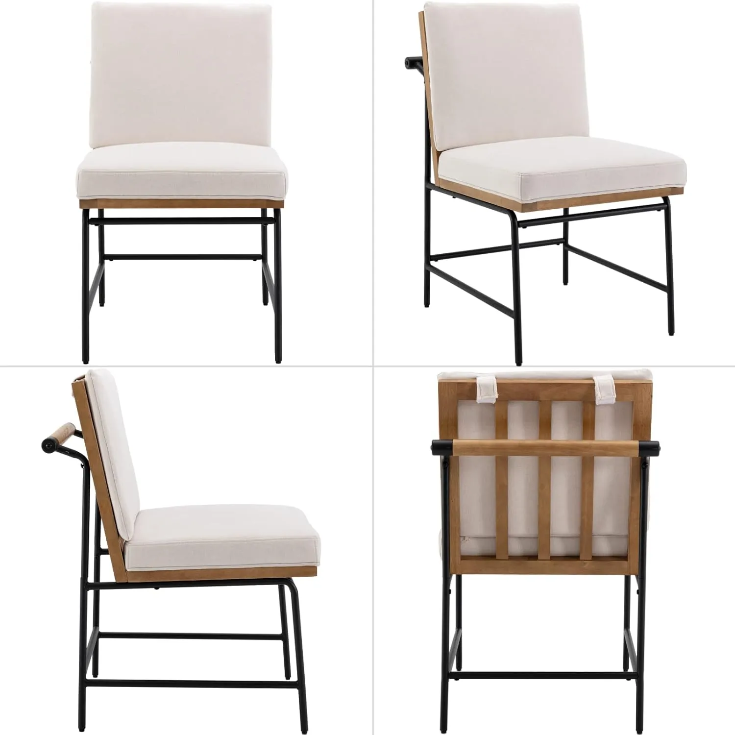 Modern Dining Chairs Set of 6, Comfy Linen Fabric Armless Side Chairs with Backrest Wooden Upholstered Seat Black Metal Legs for Dining Room Living Room, White