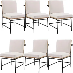 Modern Dining Chairs Set of 6, Comfy Linen Fabric Armless Side Chairs with Backrest Wooden Upholstered Seat Black Metal Legs for Dining Room Living Room, White